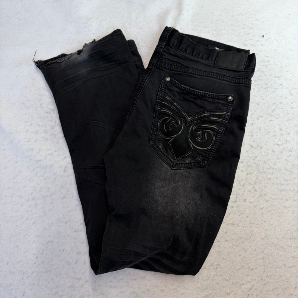 Affliction Jeans Mens 38 Black Distressed Embroidered Flap Pocket Faded Denim